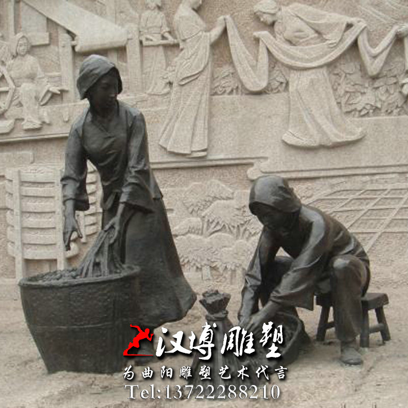 玻璃钢铜雕,养蚕人物雕像,民俗文化雕塑