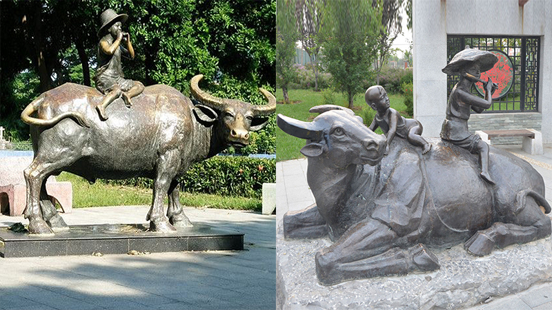 牧童骑牛铜雕,骑牛人物雕像,民间生活雕塑
