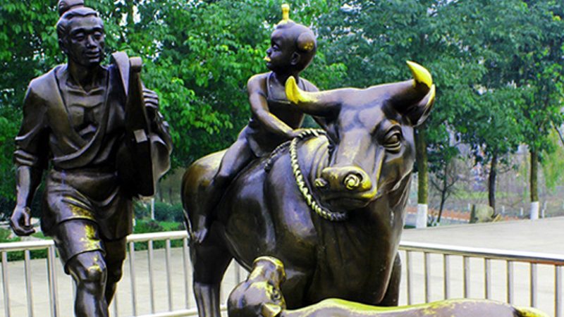 农耕人物雕塑,耕牛雕像,园林景观铜雕